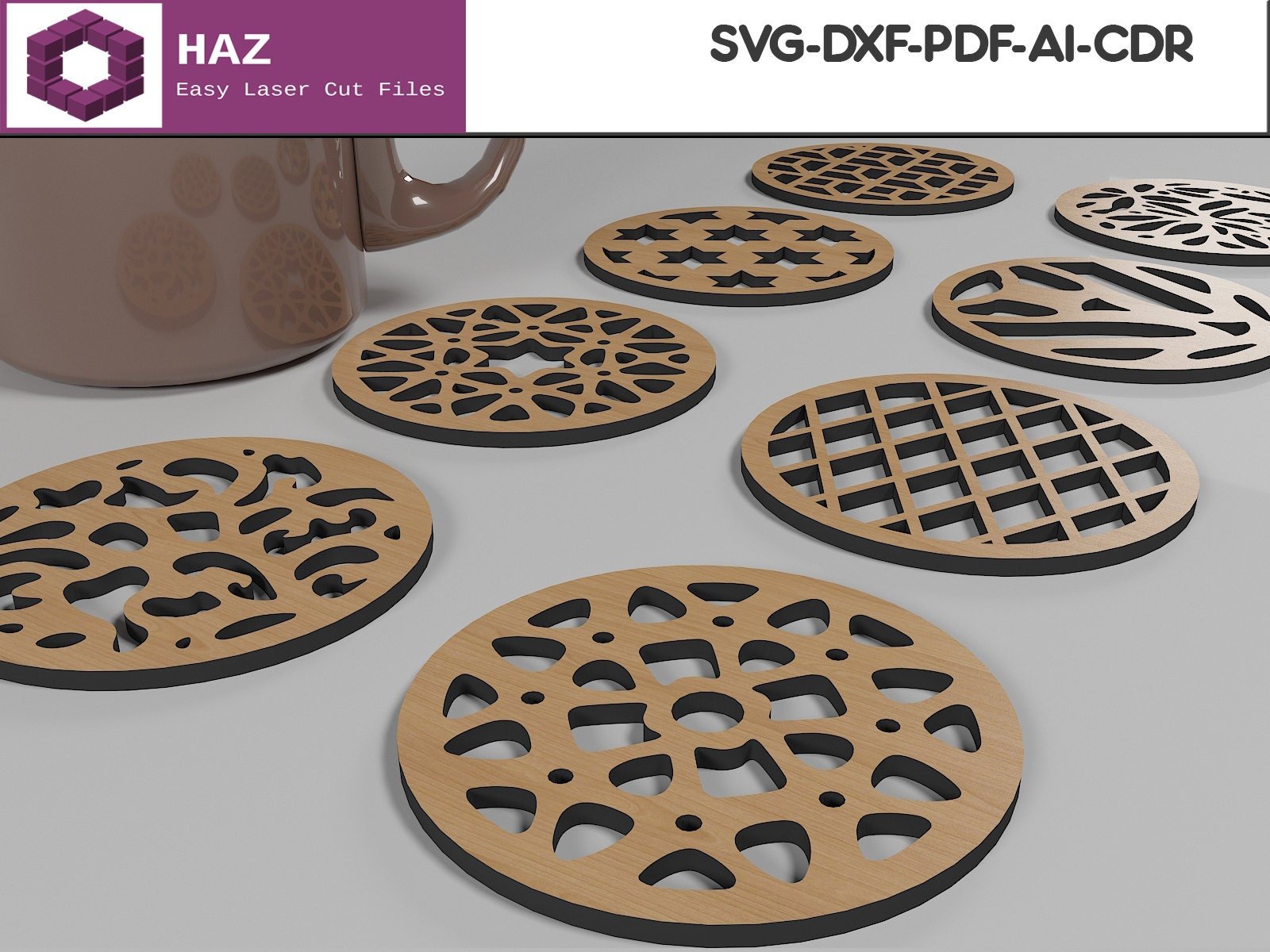 037 Wooden Geometric Pattern Coaster Set / Drink Coasters / Cuttable Designs SVG DXF CDR Ai 037