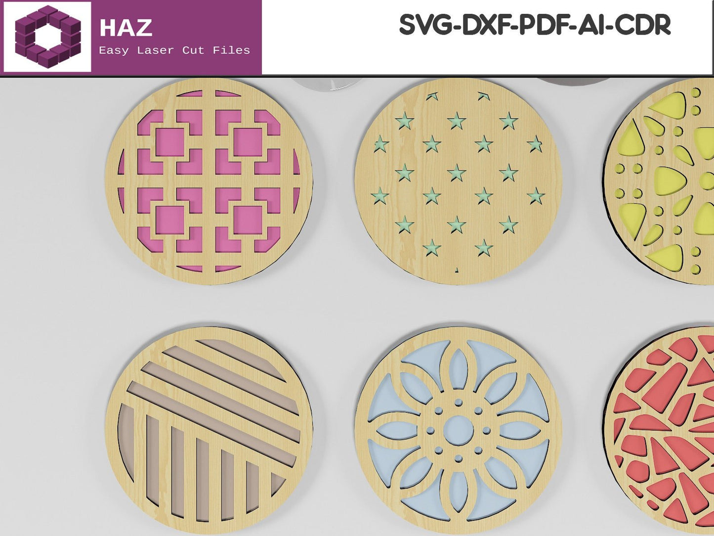 038 Round Geometric Layered Coasters / Wood Drink Coaster Designs SVG DXF CDR Ai 038