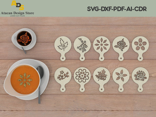 10 Pcs Coffee Stencils / Glowforge cut files / cut files for laser / Cooking Stencils / Cake Decorating ADS097