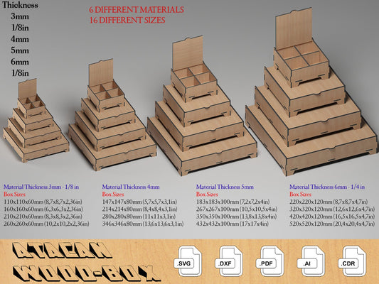 16 Sizes Box Set Laser Cut Files / Boxes with Flip lid and compartment / Multiple Materials / Storage Organizer Glowforge SVG DXF Ai CDR 339