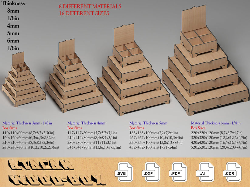 Multiple Size Boxes 16 Sizes Box Set Laser Cut Files / Boxes with Flip lid and compartment ...
