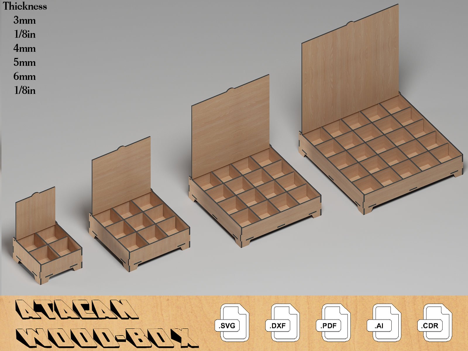 16 Sizes Box Set Laser Cut Files / Boxes with Flip lid and compartment / Multiple Materials / Storage Organizer Glowforge SVG DXF Ai CDR 339
