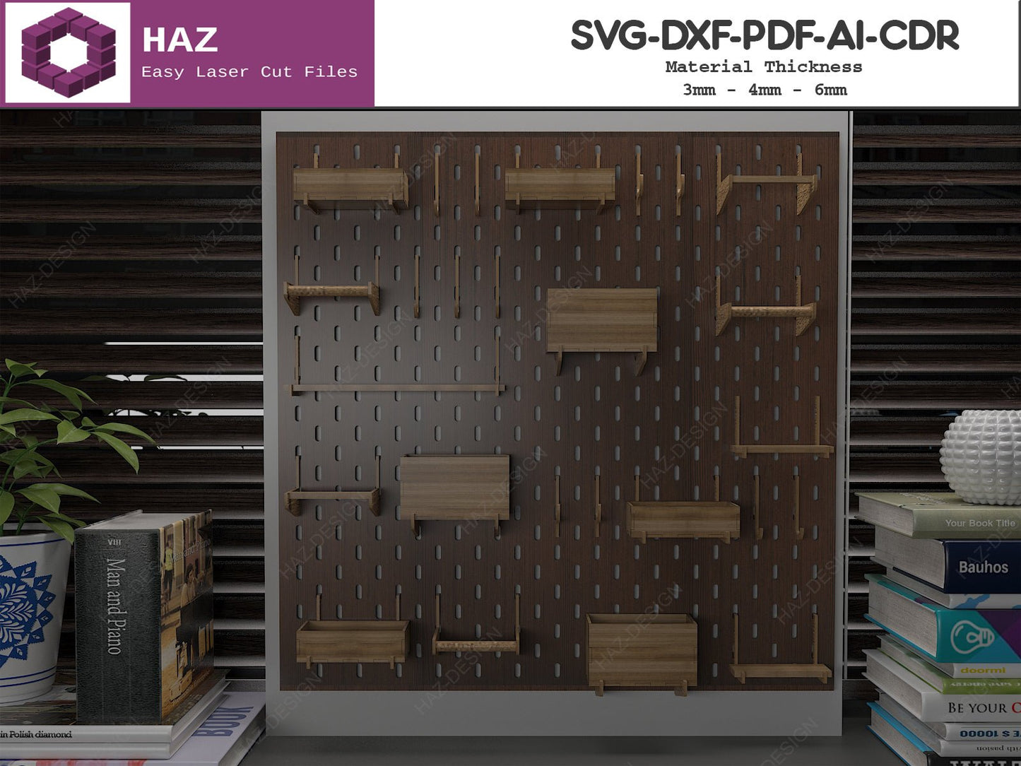 2 Size Perforated Peg Board and Hooks / Wooden Pegboard With Accessories / Wall Organizer Shelves SVG Ai DXF CDR 082