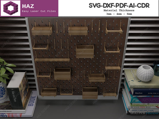 2 Size Perforated Peg Board and Hooks / Wooden Pegboard With Accessories / Wall Organizer Shelves SVG Ai DXF CDR 082