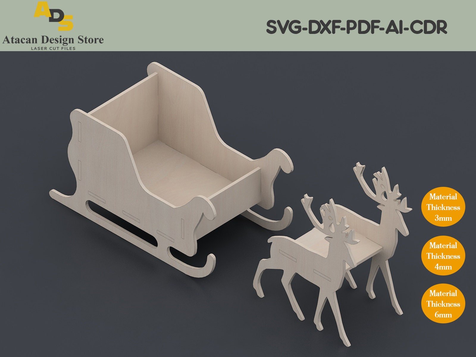 3 different Size and 3 thickness / Wooden Sleigh and Deer / Laser Cut File / Laser Ready Files / Glowforge / New Year decoration ADS149