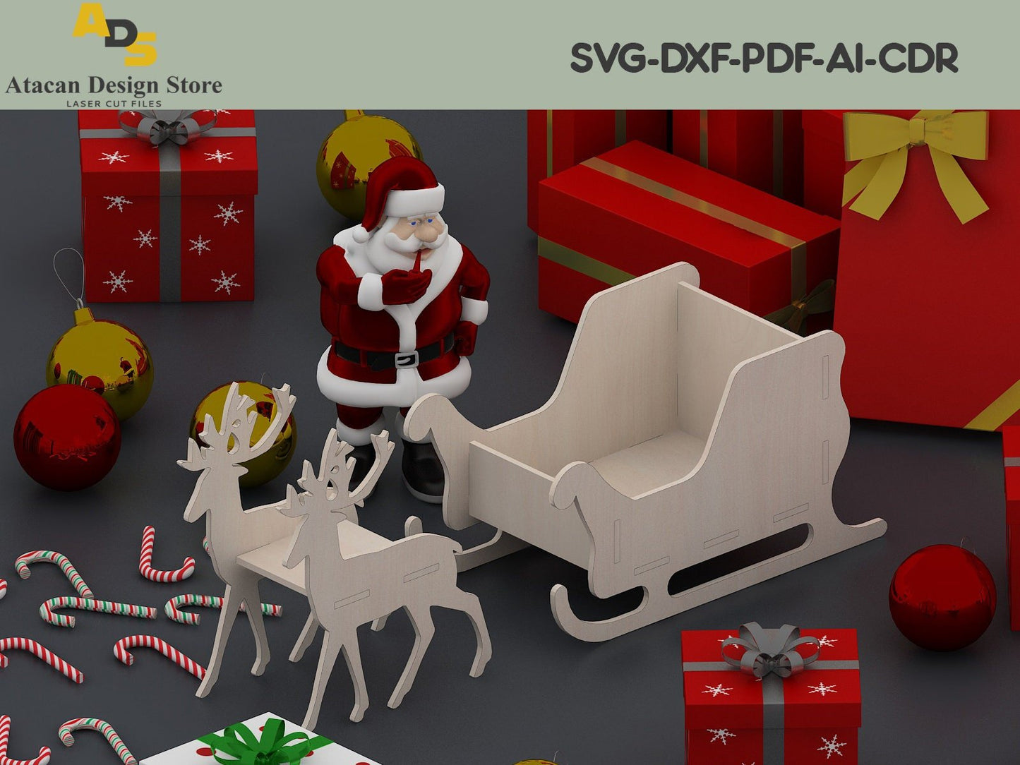 3 different Size and 3 thickness / Wooden Sleigh and Deer / Laser Cut File / Laser Ready Files / Glowforge / New Year decoration ADS149