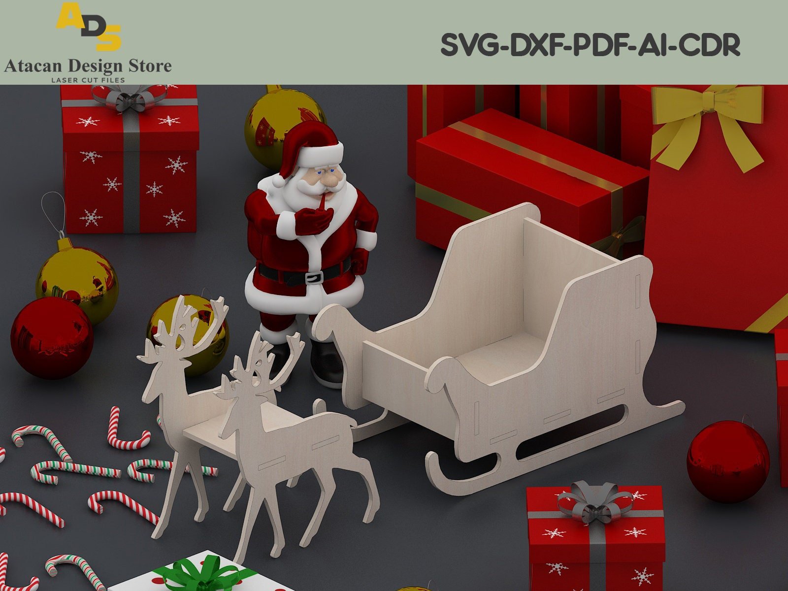 3 different Size and 3 thickness / Wooden Sleigh and Deer / Laser Cut File / Laser Ready Files / Glowforge / New Year decoration ADS149