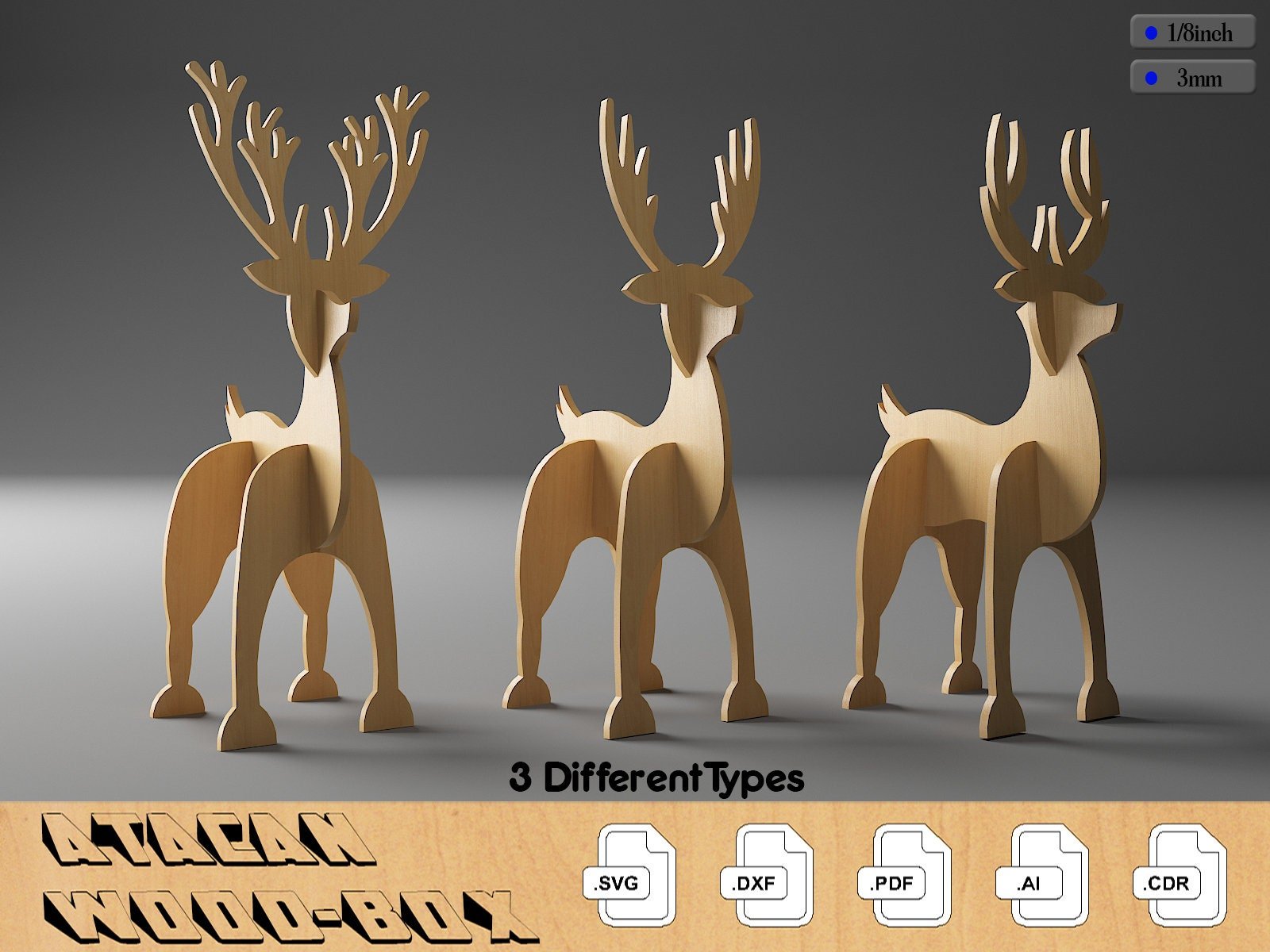 3 Different Types Christmas Deer Laser cut Files / Christmas Noel Decor / New Year Wooden Reindeers 295