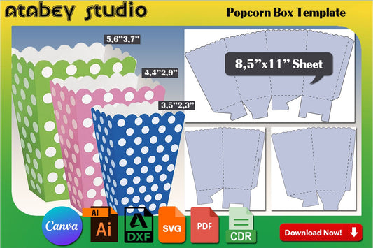 3 sizes Popcorn Box Template Set / DIY Snack Box / Popcorn Bucket / Party Favor Decorations Svg Dxf Ai Cdr 524