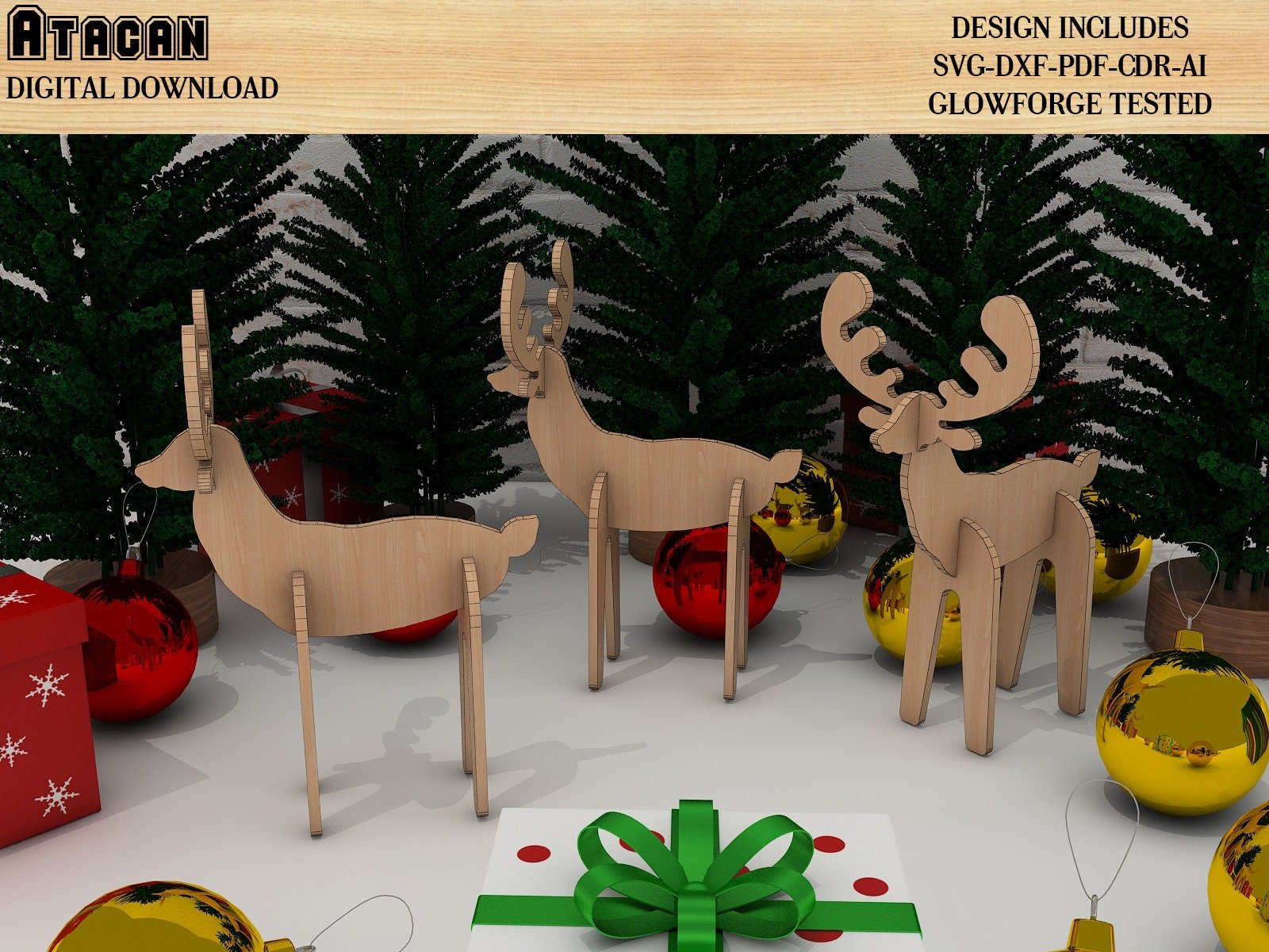 3d Christmas Deer Puzzle wood Laser cut template, reindeer cardboard svg files , Glowforge Cut Files Instant Download 289