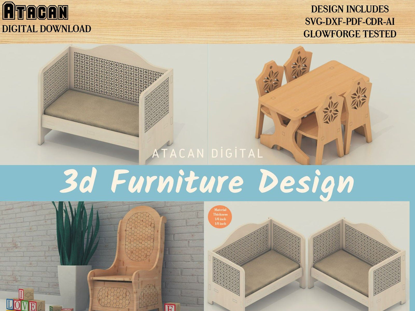 3d Furniture Bundle / Glowforge cut files / DollHouse Miniature Furniture Digital file / Laser cut digital download 430