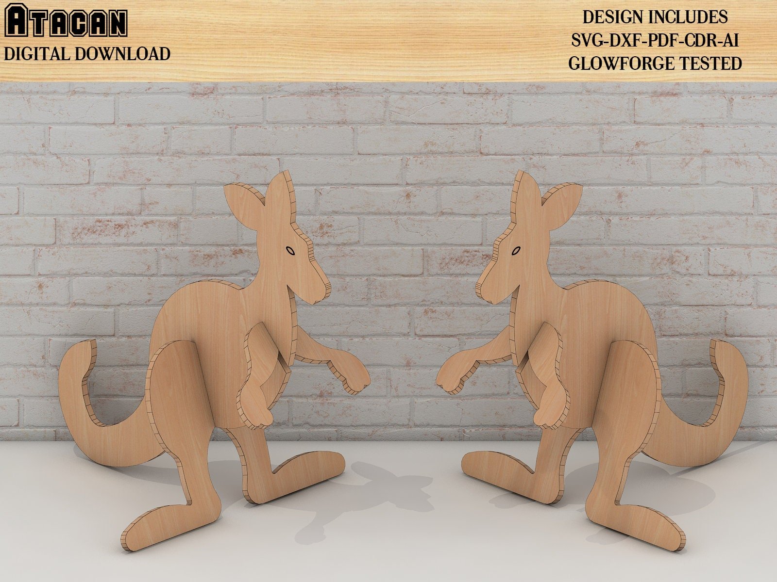 3d kangaroo Puzzle Laser Cut Animal Shape, SVG, DXF, CDR, vector plans Glowforge files 294