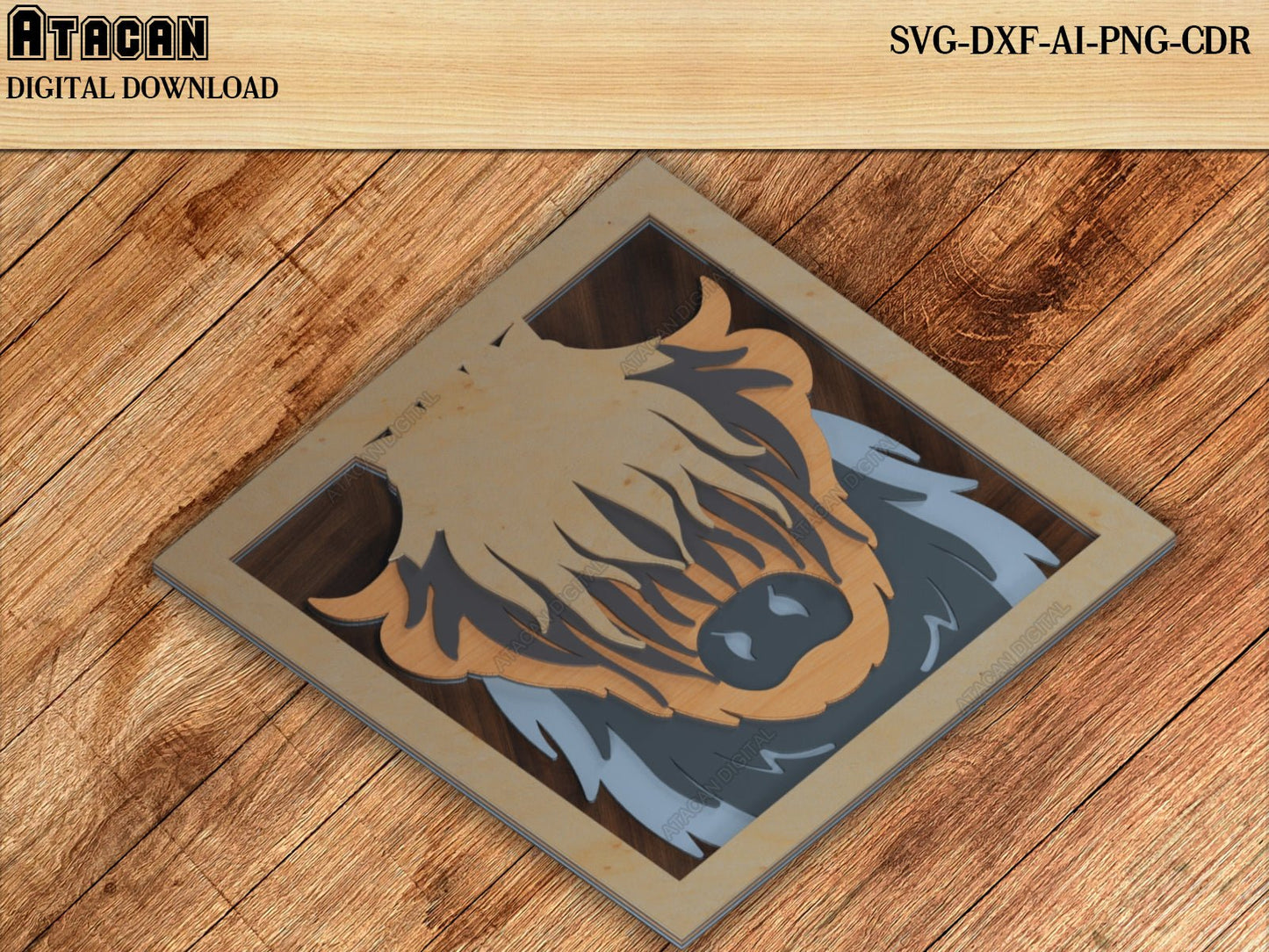 3D Layered Highland Cow With Frame - Multilayer Cow Head Laser Svg Cut Files 532