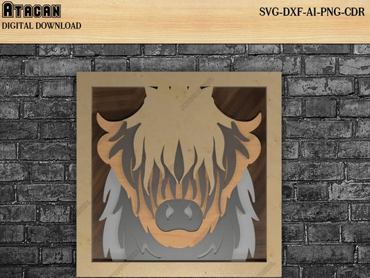 3D Layered Highland Cow With Frame - Multilayer Cow Head Laser Svg Cut Files 532