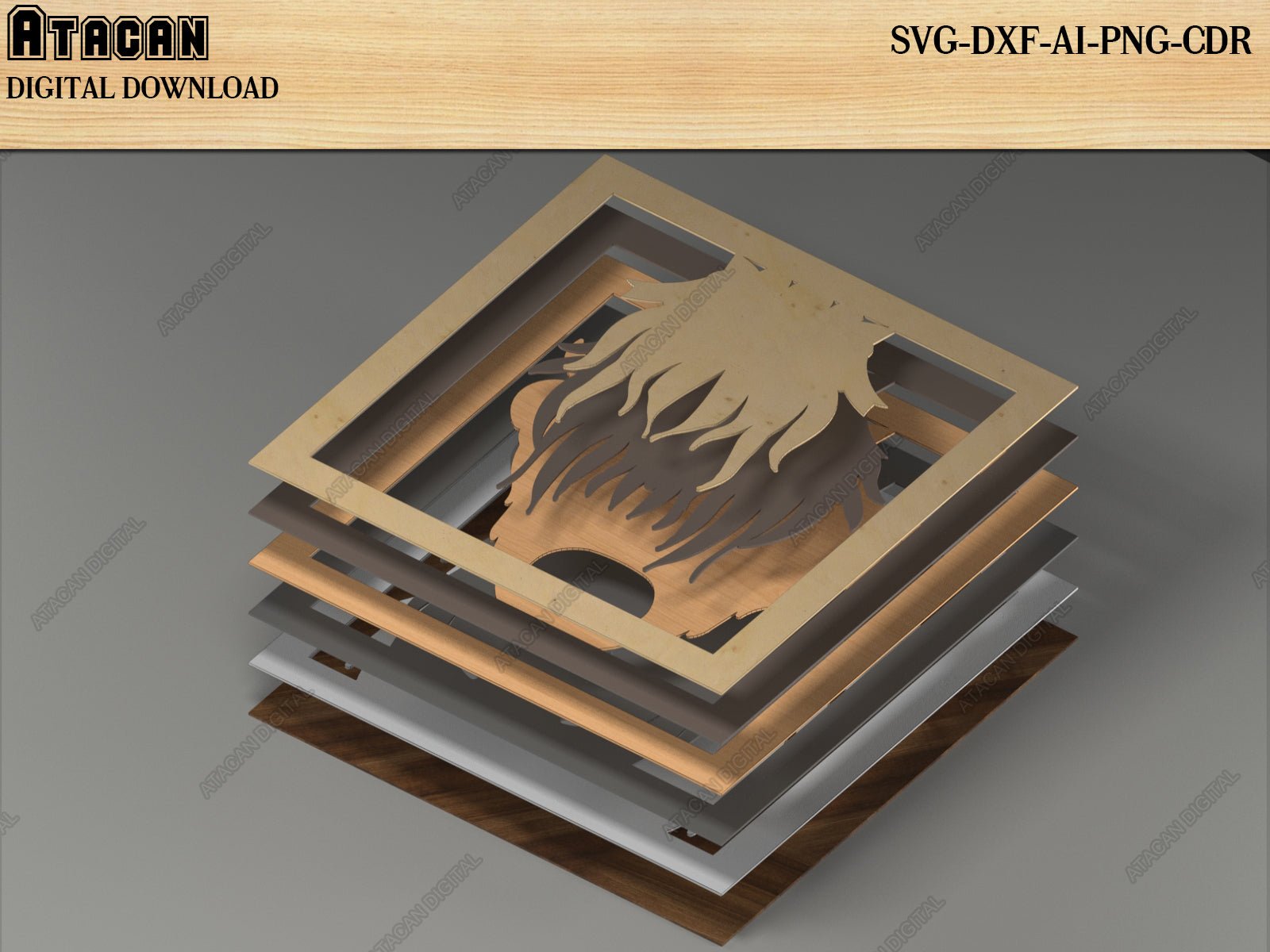 3D Layered Highland Cow With Frame - Multilayer Cow Head Laser Svg Cut Files 532