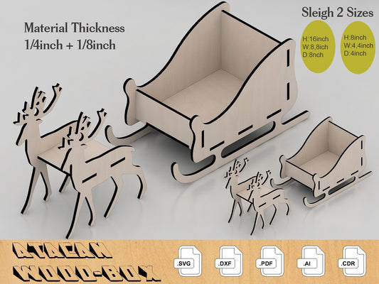 3d Wooden Santa Sleigh with Deer / Christmas Decor / Reindeer New year laser cutting files 272