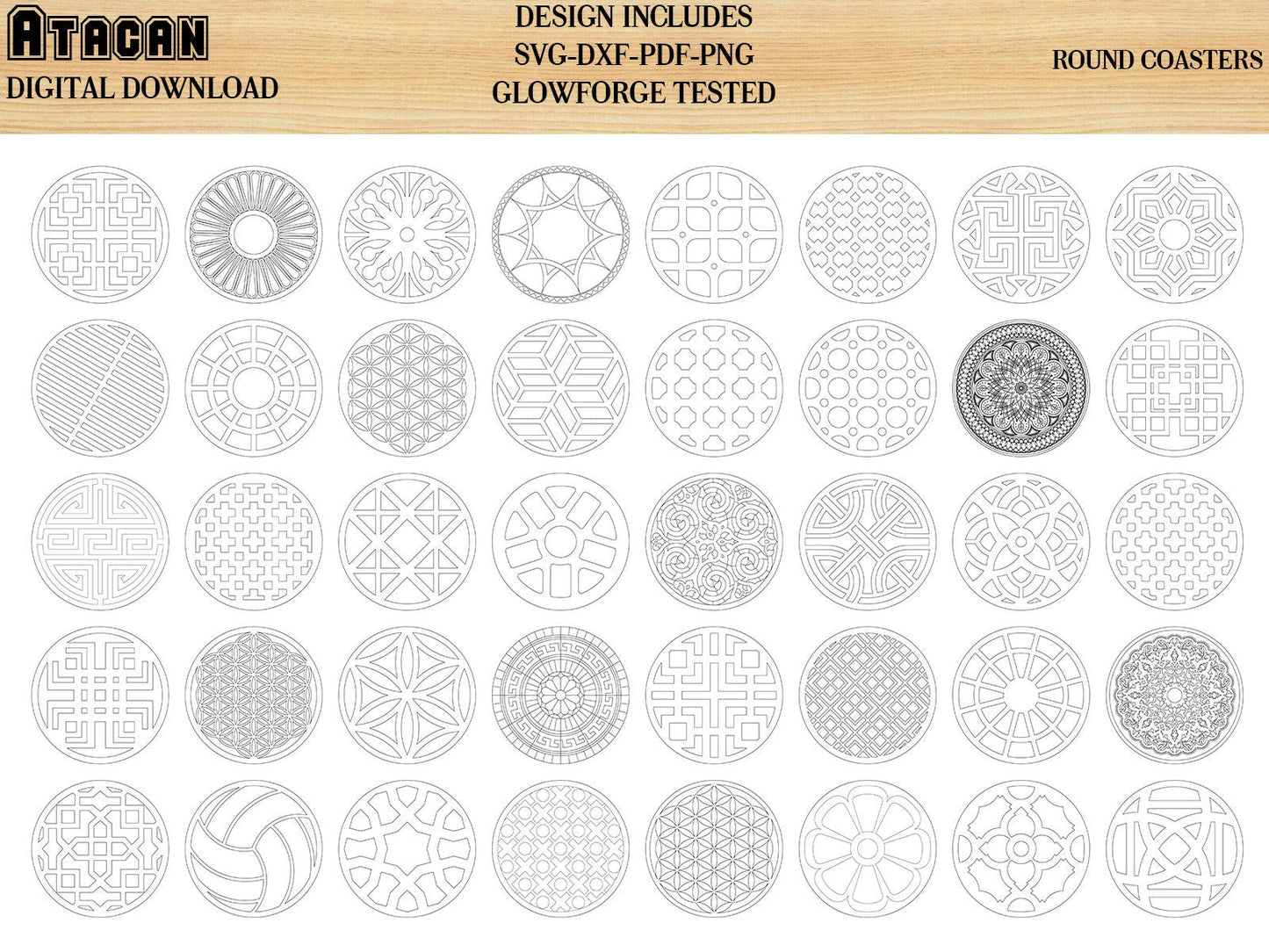 40 Coaster Svg Bundle, Round Costers laser cutting file, glowforge files 183