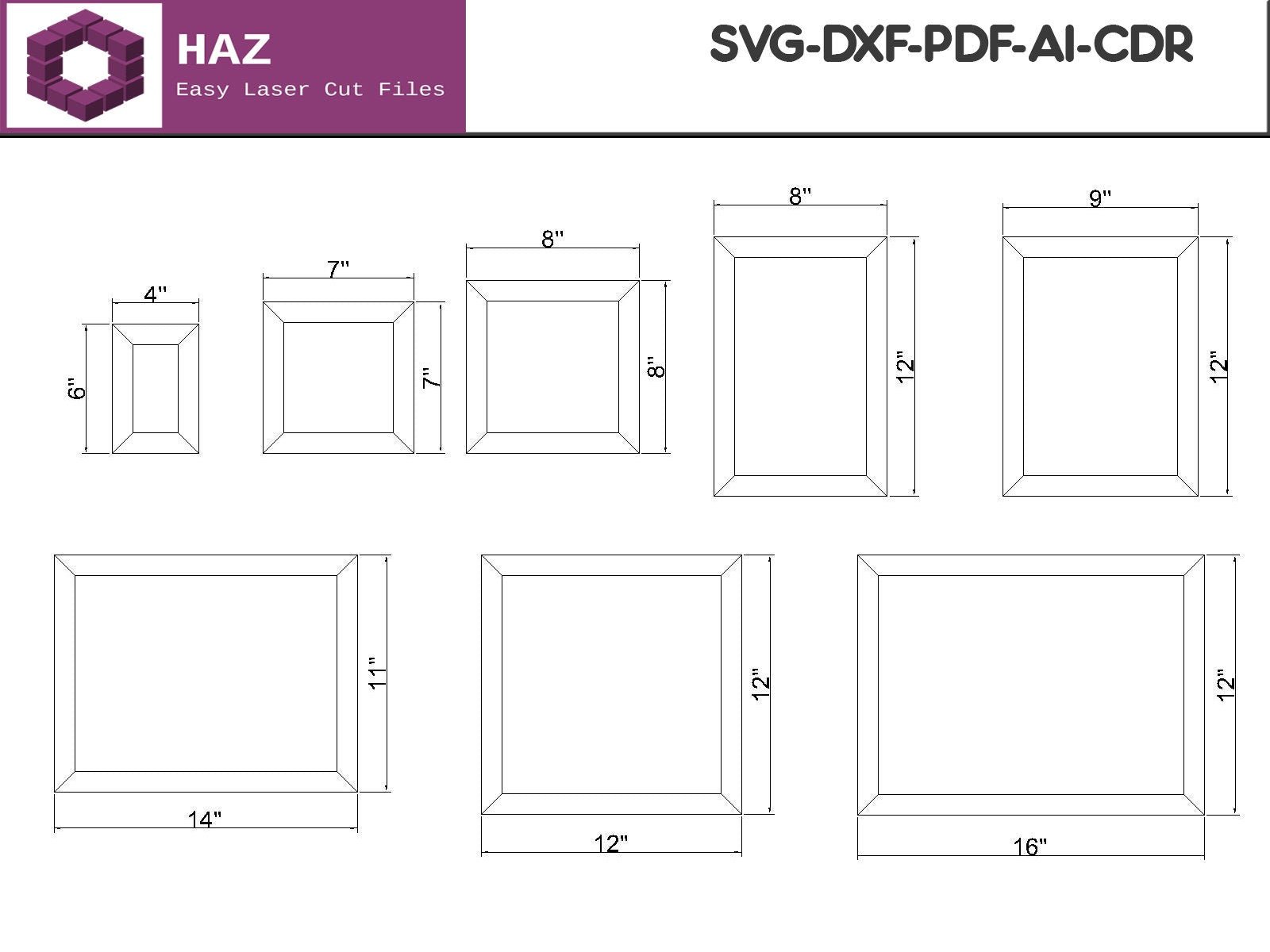 45 Degree Angle Cut Wood Frames / Different Sizes Picture Frame SVG DXF CDR Ai files 028