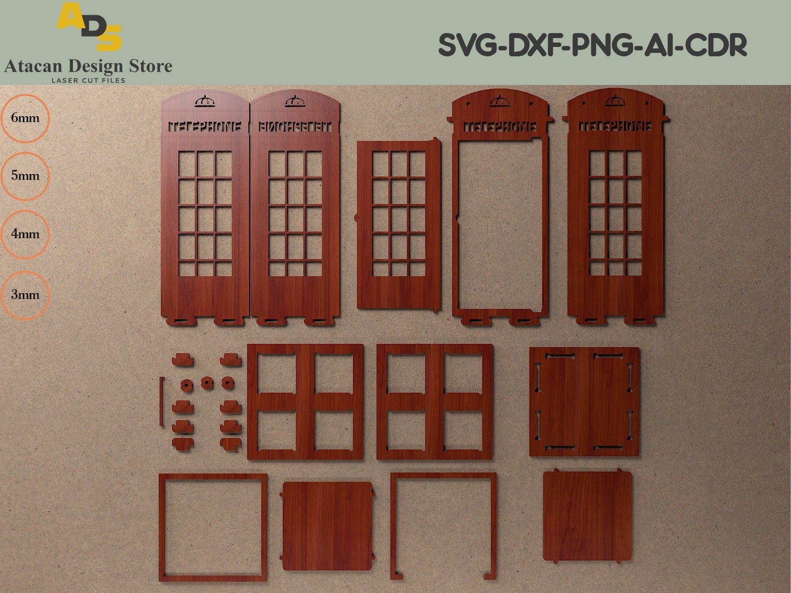 4mm London Telephone laser svg cut files / Phone booth cutting templates / Glowforge cutting laser vector ADS128