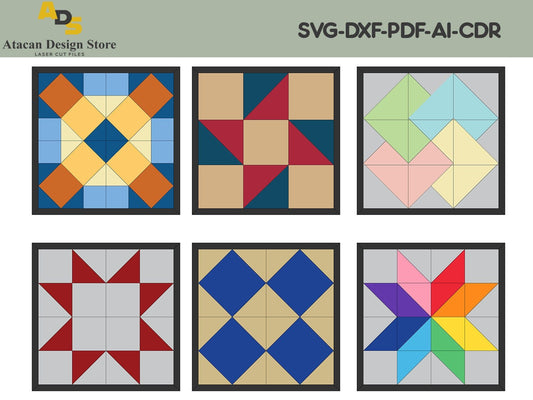 6 Barn Quilt Block Laser Templates / Color Quilt Patterns / Svg Cutting Files / Cuttable Design for Laser ADS142