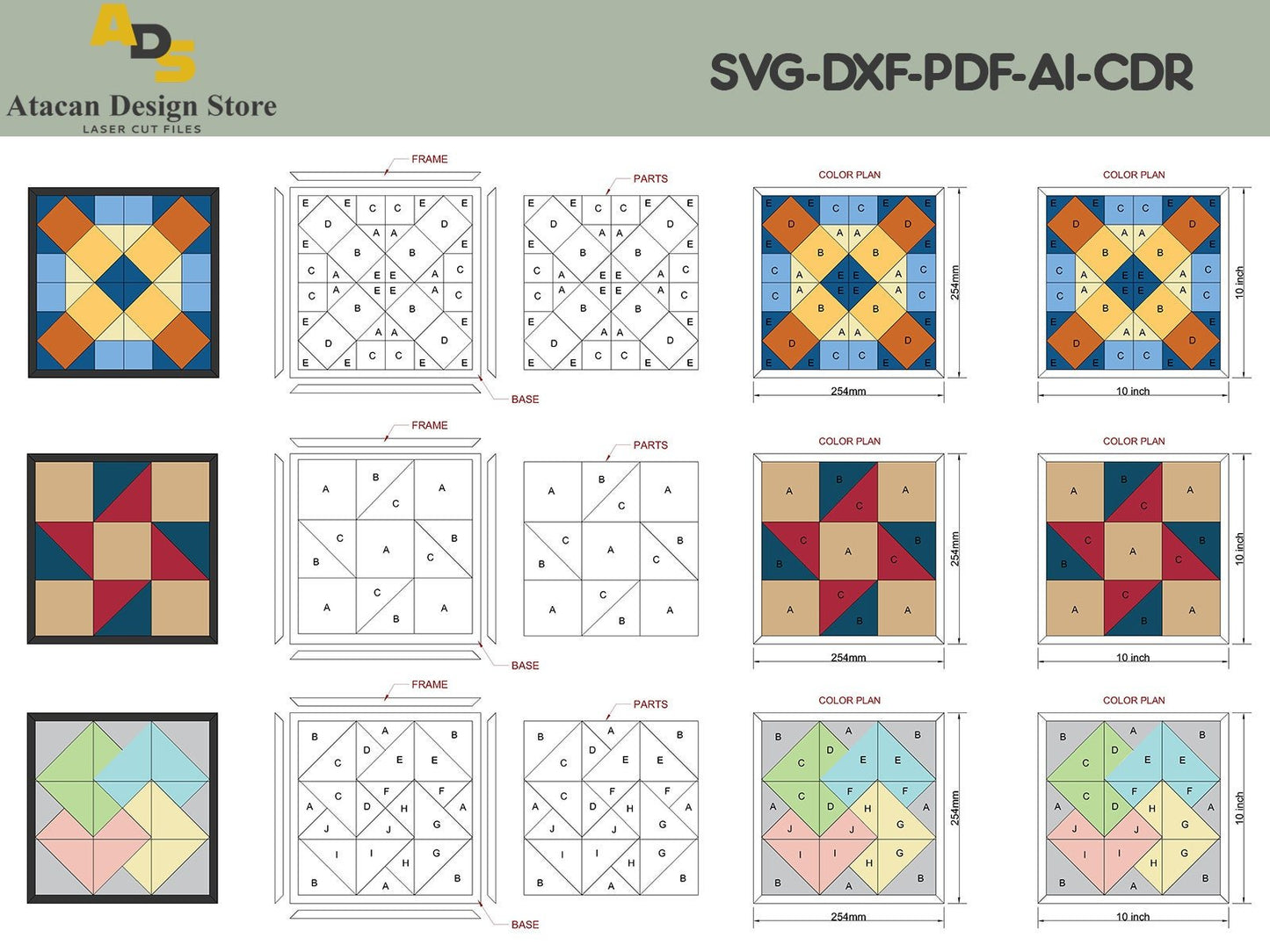 6 Barn Quilt Block Laser Templates / Color Quilt Patterns / Svg Cutting Files / Cuttable Design for Laser ADS142