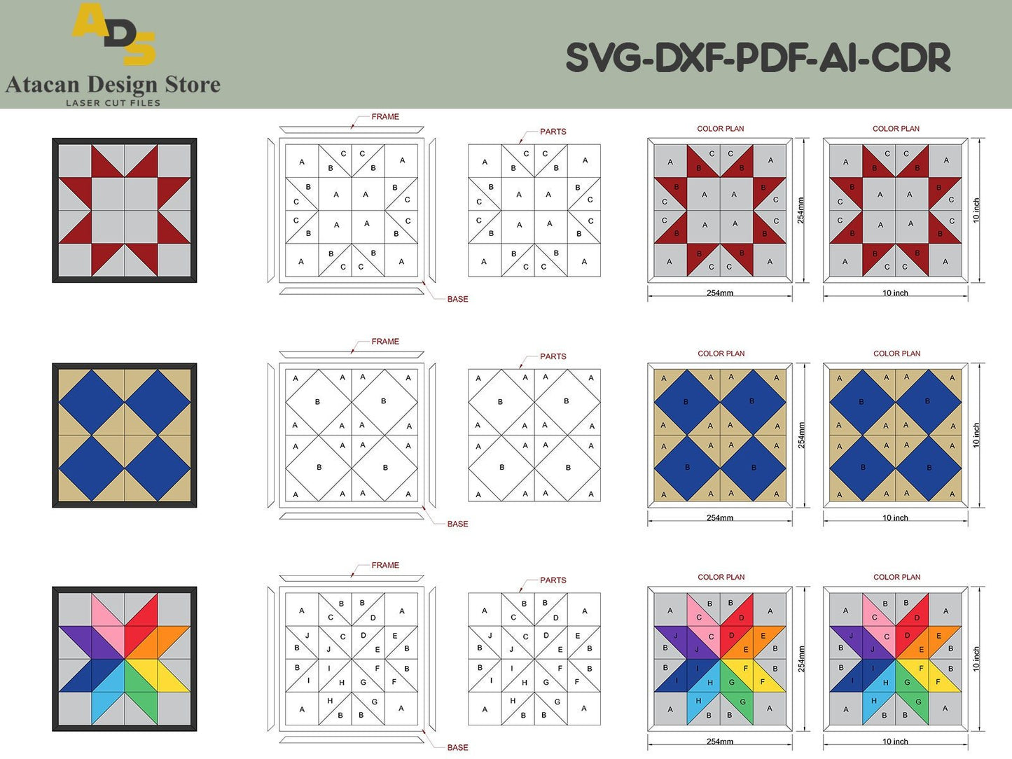 6 Barn Quilt Block Laser Templates / Color Quilt Patterns / Svg Cutting Files / Cuttable Design for Laser ADS142