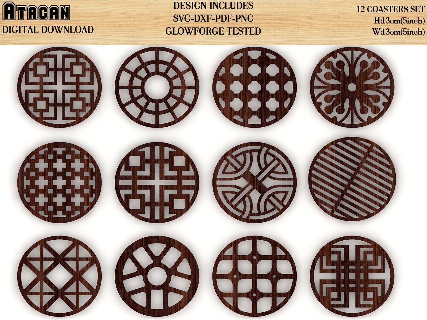 60 Coaster Svg Bundle, Round Square costers pattern laser cutting file, glowforge files 194
