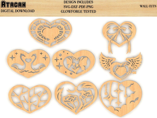 8 Decorative Hearts for Wall SVG Bundle / Wood Wall Hanging Geometric Art - Plywood Decor / Glowforge laser cut file 087