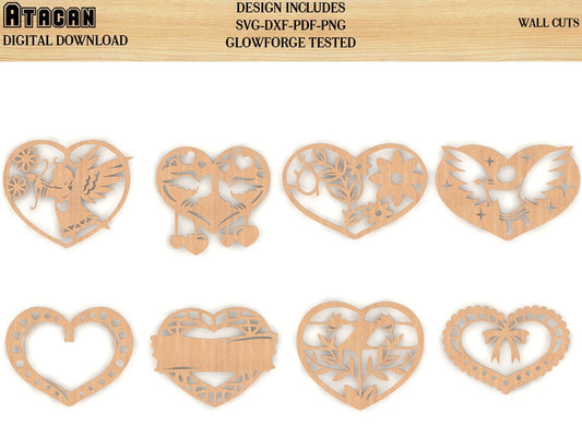 8 Decorative Hearts for Wall SVG Bundle / Wood Wall Hanging Geometric Art - Plywood Decor / Glowforge laser cut file 088