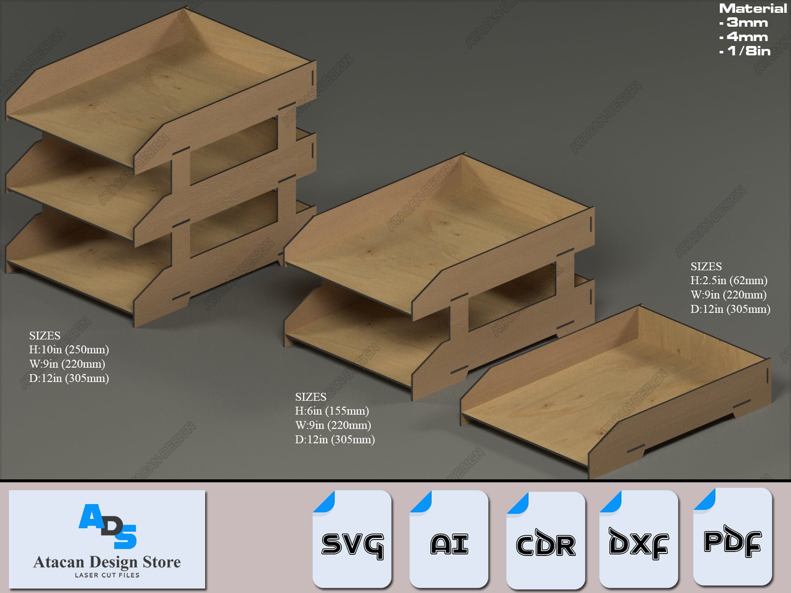 A4 Paper Tiered Tray - Office Desktop Organizer - 3 Tier Trays SVG Files for Laser Cutting ADS365