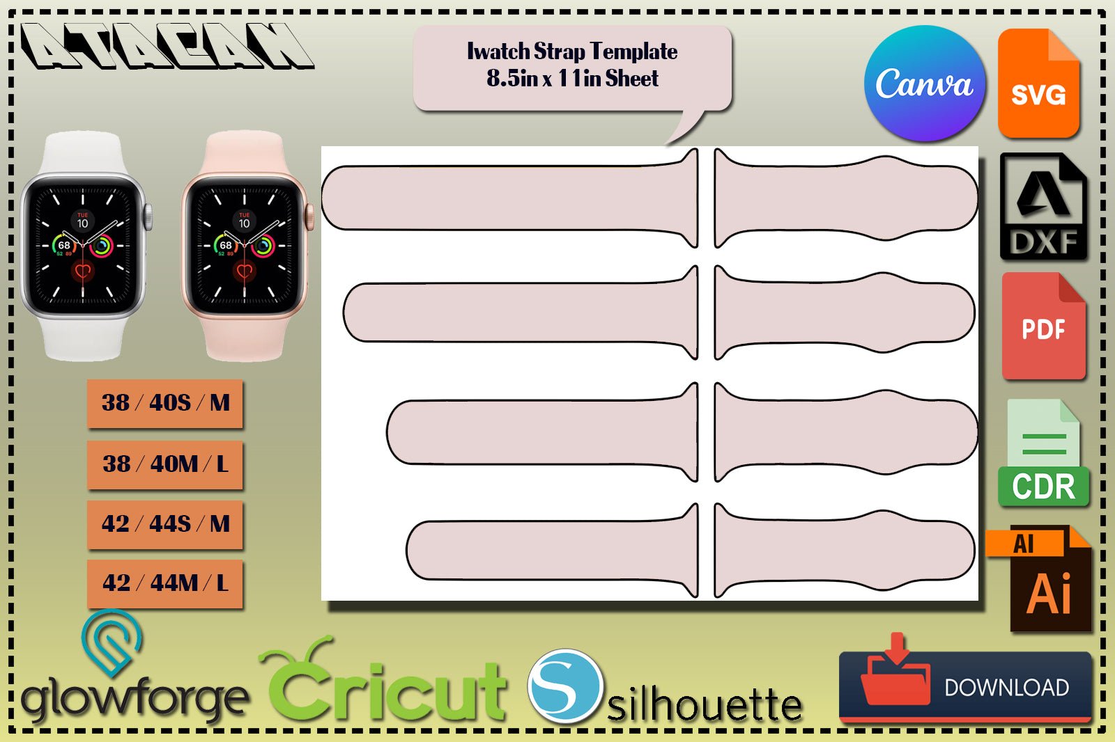 Apple Watch Strap Svg / iWatch Band Template / Watch Band Jig/ 8.5"x11" sheet Canva SVG DXF Ai CDR 353