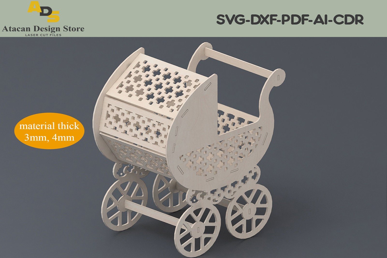 Baby Stroller Laser cut design / Wooden Pram laser files / Baby buggy Glowforge cutting plans ADS124