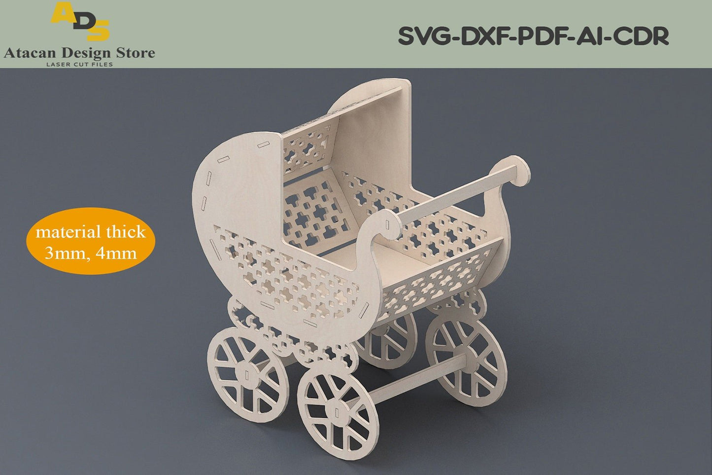 Baby Stroller Laser cut design / Wooden Pram laser files / Baby buggy Glowforge cutting plans ADS124