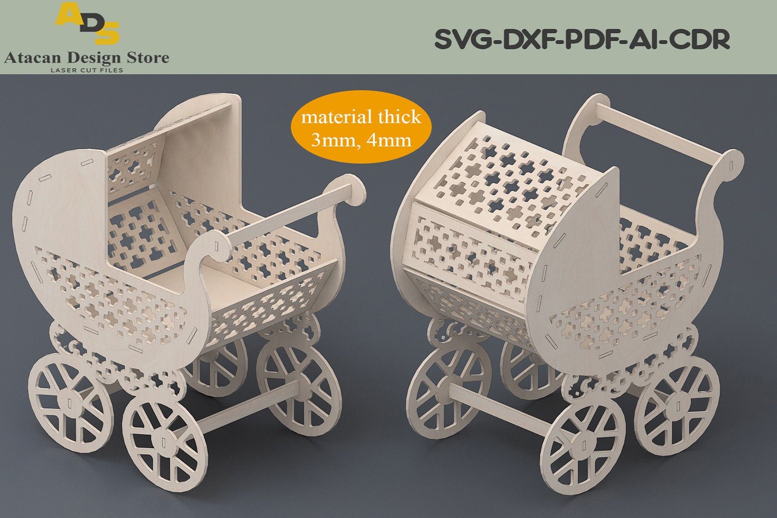 Baby Stroller Laser cut design / Wooden Pram laser files / Baby buggy Glowforge cutting plans ADS124