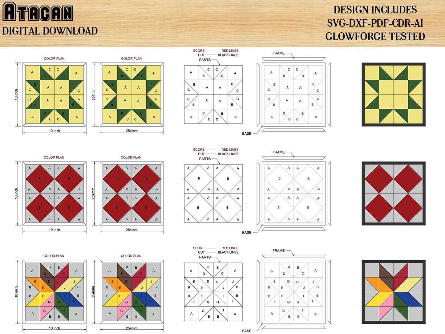 Barn quilt Patterns / Geometric Quilts with Frame / Laser Ready Svg Files for Glowforge