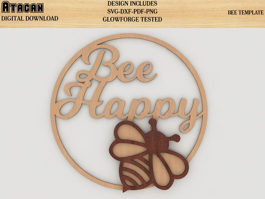 Bee Happy Hoop laser cut SVG file, Honey Bee wall art decoration, glowforge digital download 235