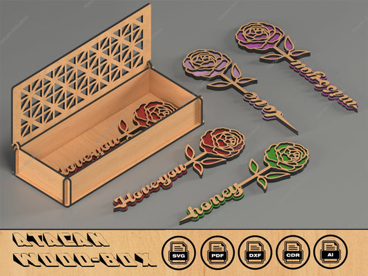 Box and Roses - Roamantic Flowers Gift - Valentines Day Laser Cut Files - Wooden Roses For Anniversary 403
