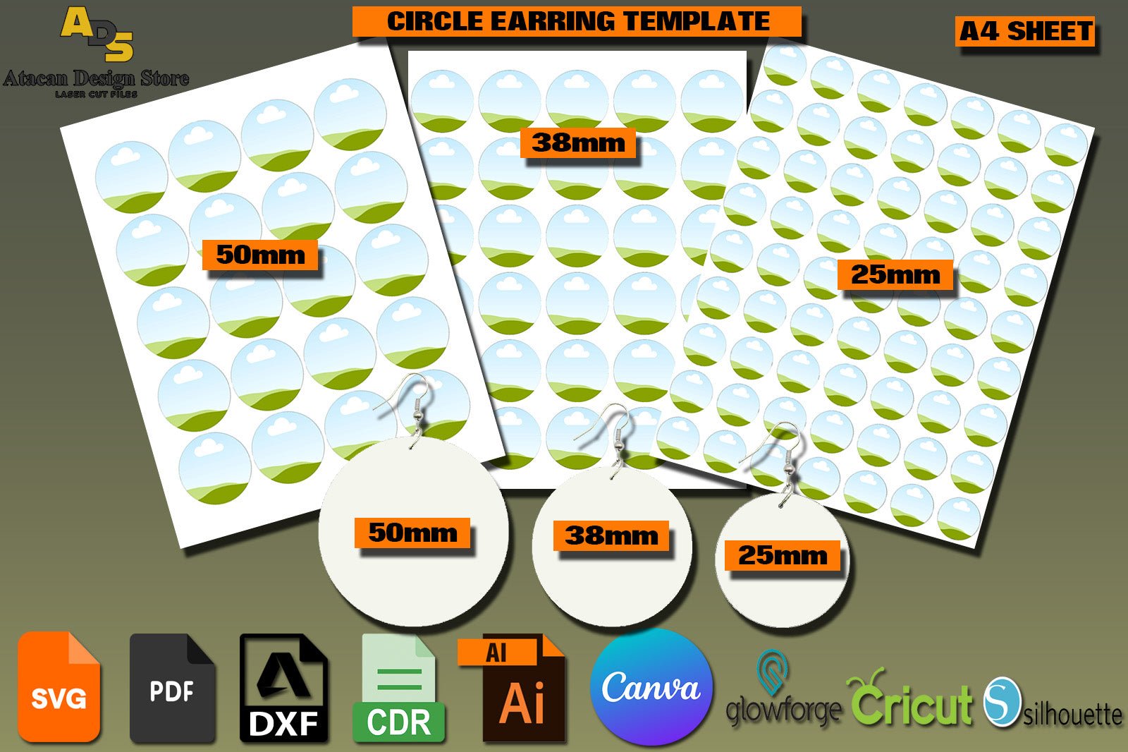 Canva Circle Frame Template Bundle / Round Cuttable Earrings Sublimation SVG DXF Ai CDR 325