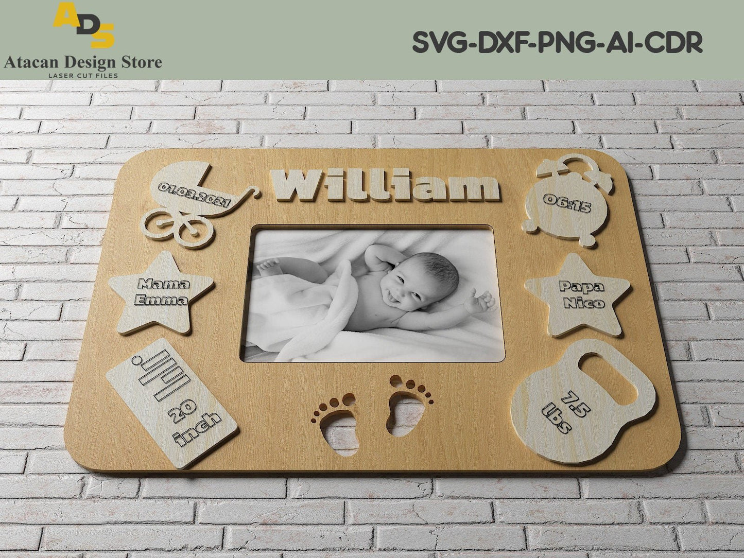 Child Metrica New Born Pic Frame / Baby Announcement / Birth Details Laser cut files SVG237