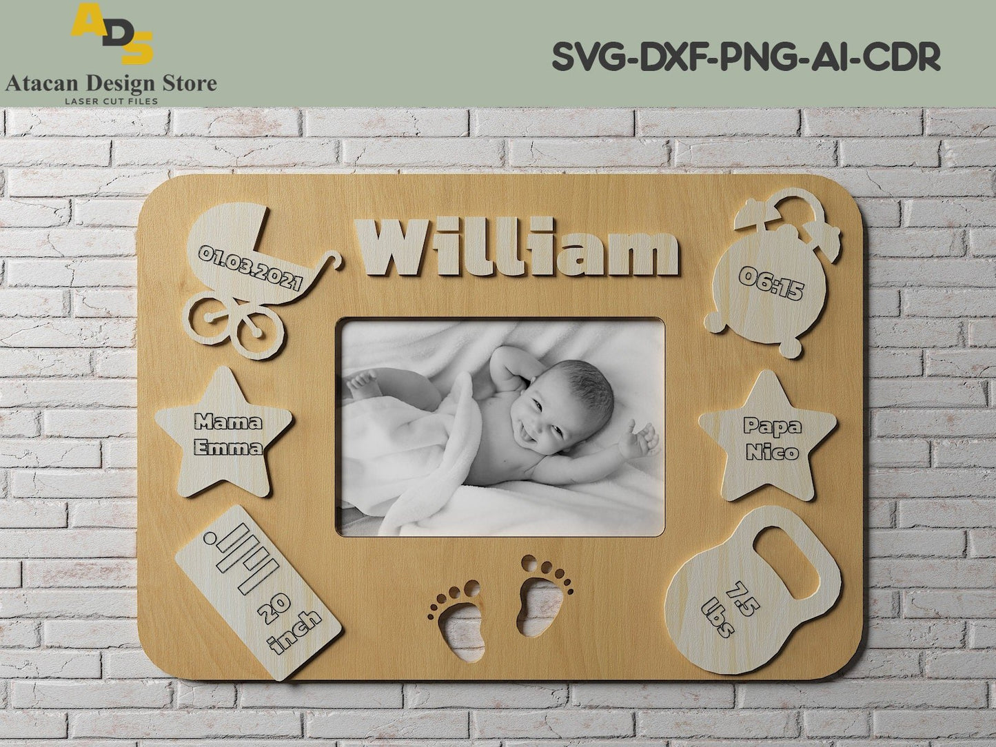 Child Metrica New Born Pic Frame / Baby Announcement / Birth Details Laser cut files SVG237