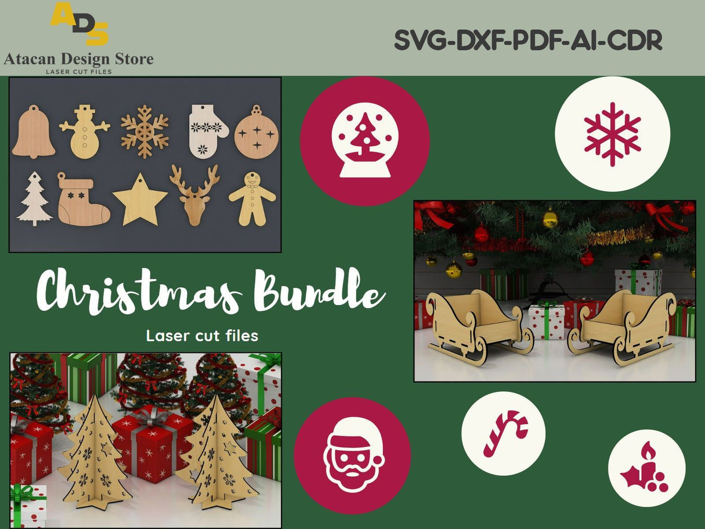 Christmas Bundle / Laser cut SVG files / Noel Sleigh / Christmas Tree / Noel Items templates ADS093