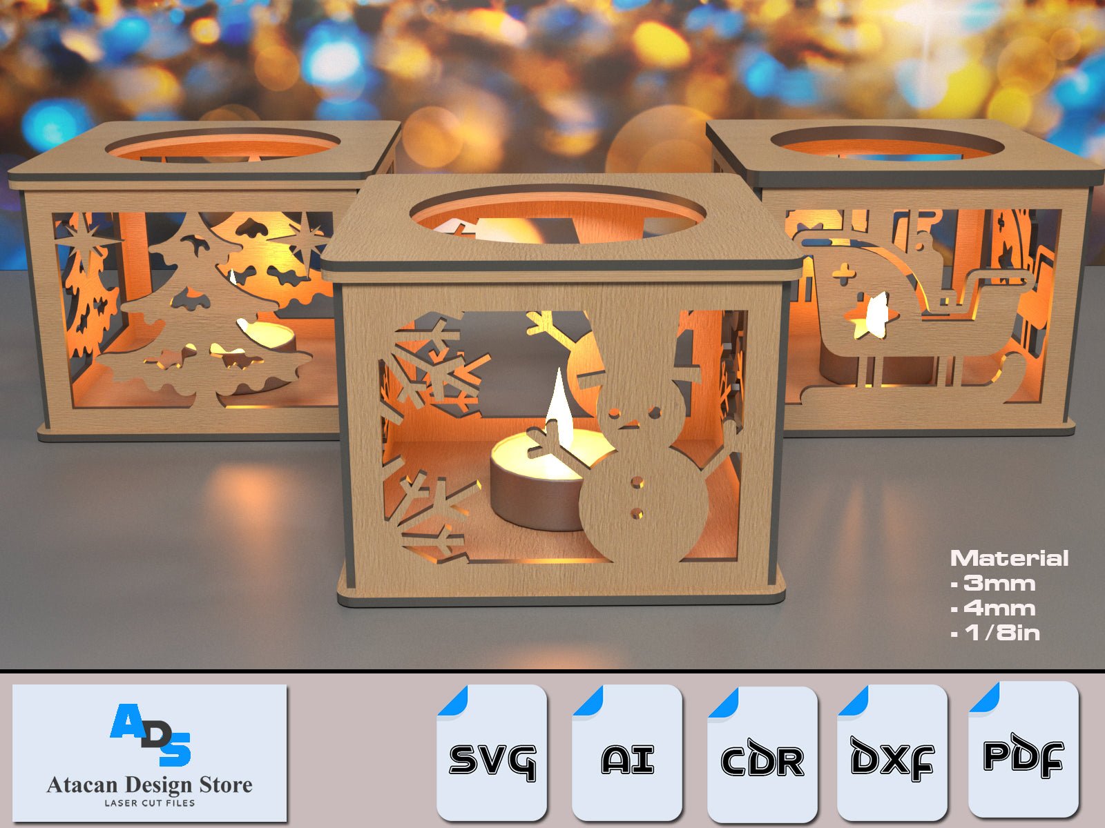Christmas Candle Holder Decorations / Christmas Ornament Tree Snowman Sled / Tea light Holder / Floor Lantern Light DXF SVG Ai CDR ADS353