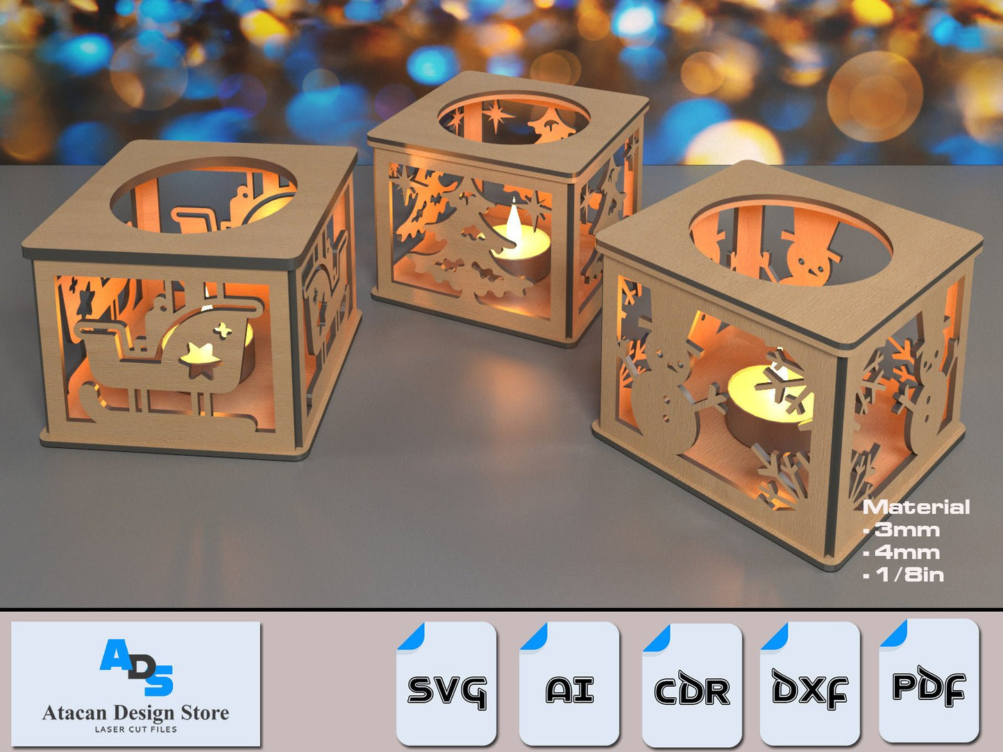 Christmas Candle Holder Decorations / Christmas Ornament Tree Snowman Sled / Tea light Holder / Floor Lantern Light DXF SVG Ai CDR ADS353