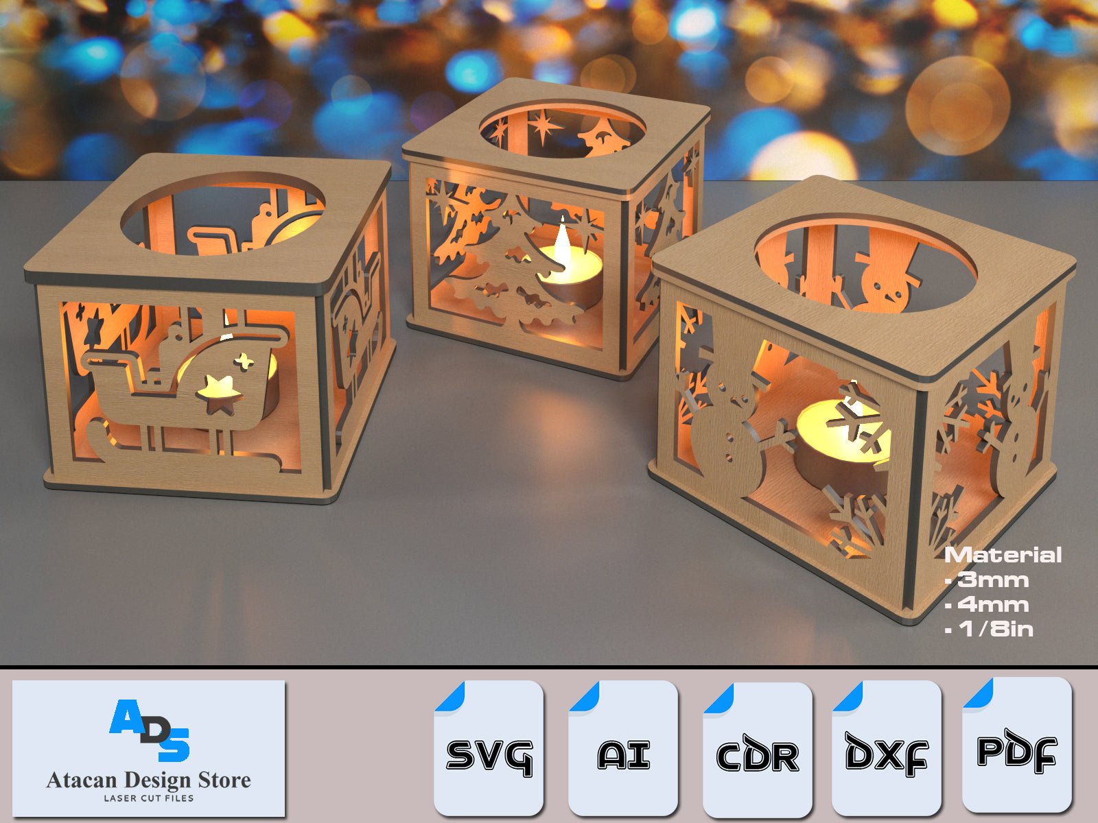 Christmas Candle Holder Decorations / Christmas Ornament Tree Snowman Sled / Tea light Holder / Floor Lantern Light DXF SVG Ai CDR ADS353