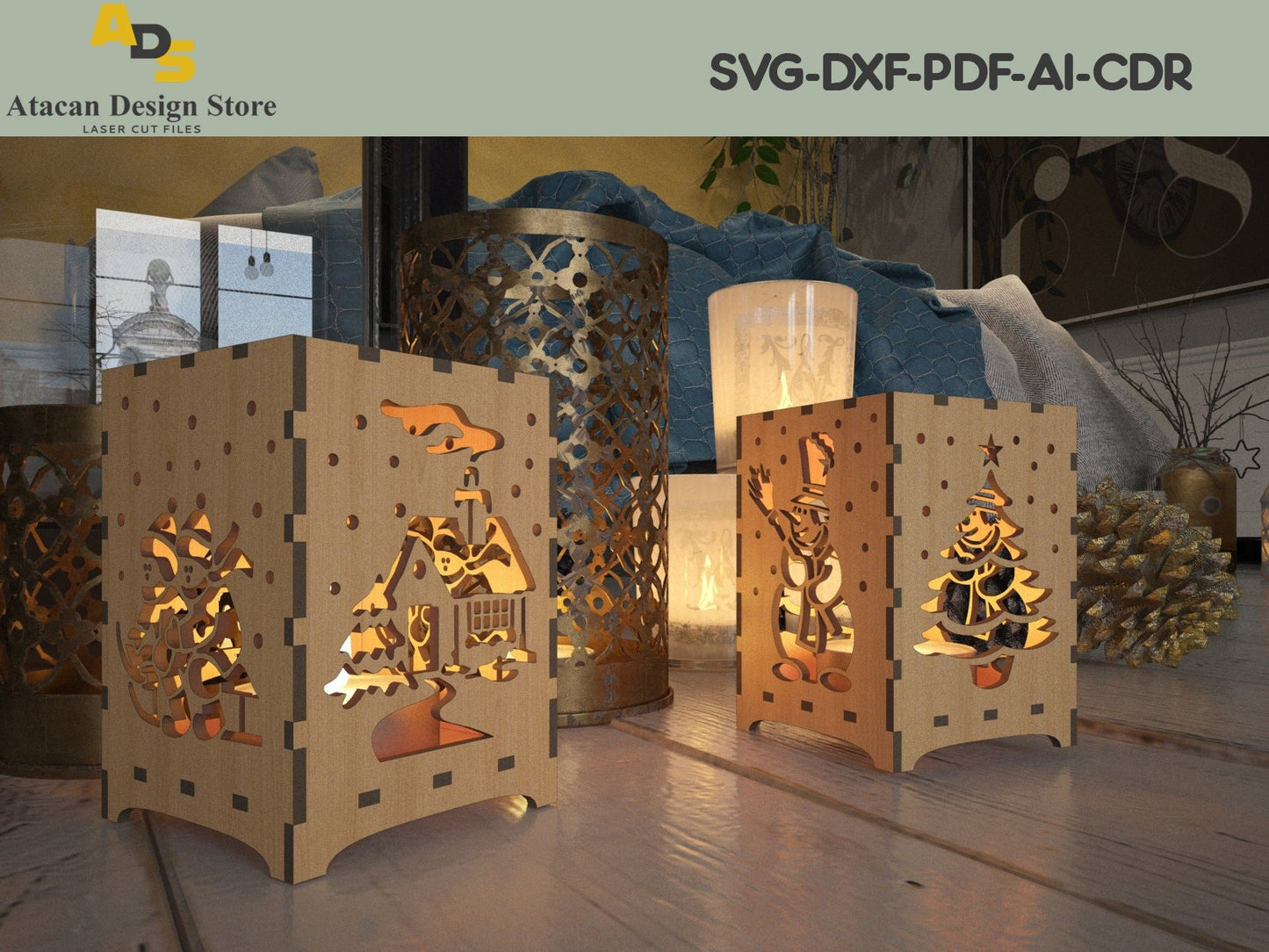 Christmas Engraved Floor Lamps / Plywood Light Design Decor / Box Desk lamp Laser Vector Art ADS186