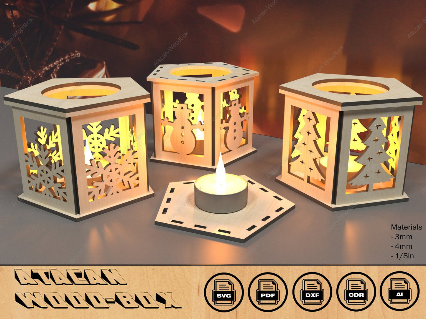 Christmas Laser cut Lamp Ornaments / Hexagon Night Lights / Snowman Candle Holder / Lantern Vector / Tea Light Holder SVG DXF CDR Pdf 393