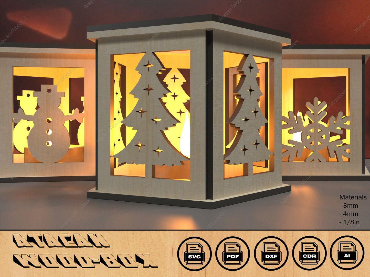 Christmas Laser cut Lamp Ornaments / Hexagon Night Lights / Snowman Candle Holder / Lantern Vector / Tea Light Holder SVG DXF CDR Pdf 393