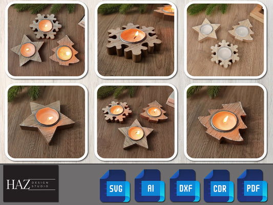 Christmas New Year 2023 Table Decoration / Christmas Wooden Candlestick Holder / Snowflake Christmas Tree Star Tealigts SVG Dxf Ai Cdr 165