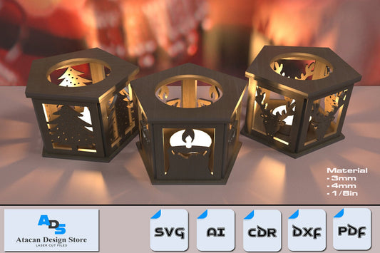 Christmas Pentagon Floor Lamps / New Year Light Design / Candle Holder / Tealight Holder / Christmas Tree Lantern Gift DXF SVG Ai CDR ADS352