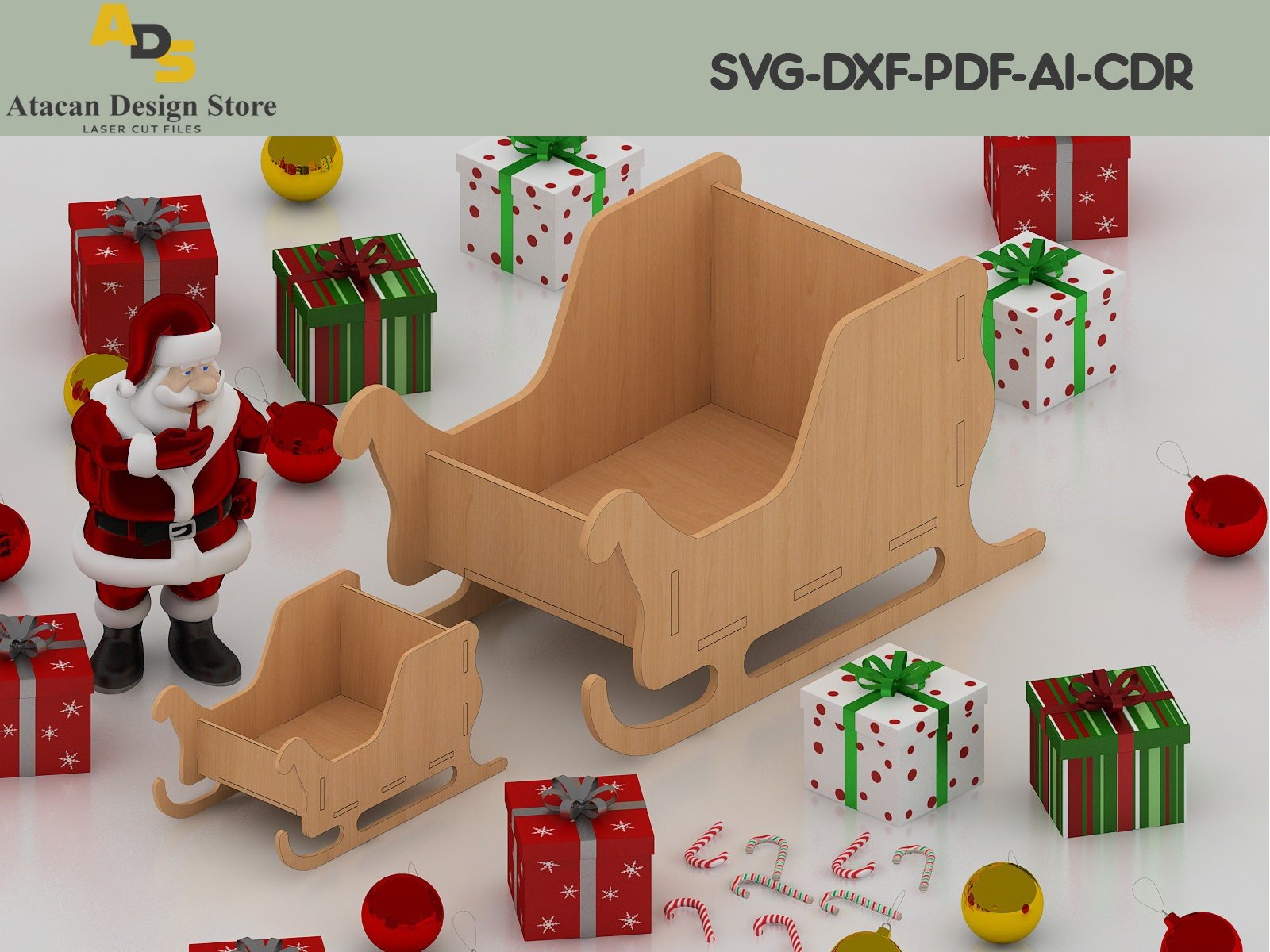 Christmas Santa Sleigh Decor Digital File For Laser and CNC | dxf ai svg eps DWG | Laser cut files, vector pattern, vector templates ADS151